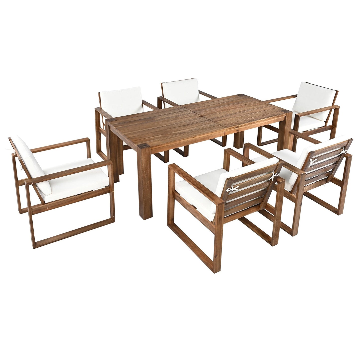 7 Piece Outdoor Patio Dining Table Chairs Set Wood Casual Dining Table with Parasol Hole and 6 Removable Cushions Chairs
