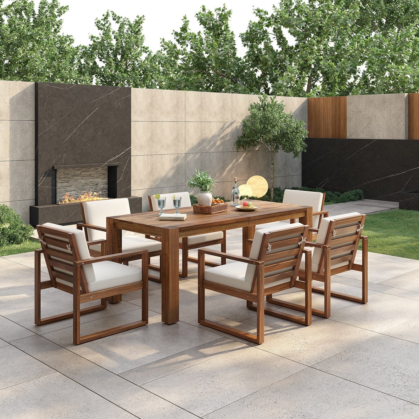 7 Piece Outdoor Patio Dining Table Chairs Set Wood Casual Dining Table with Parasol Hole and 6 Removable Cushions Chairs