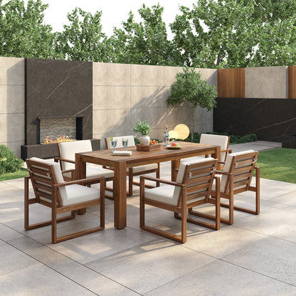7 Piece Outdoor Patio Dining Table Chairs Set Wood Casual Dining Table with Parasol Hole and 6 Removable Cushions Chairs