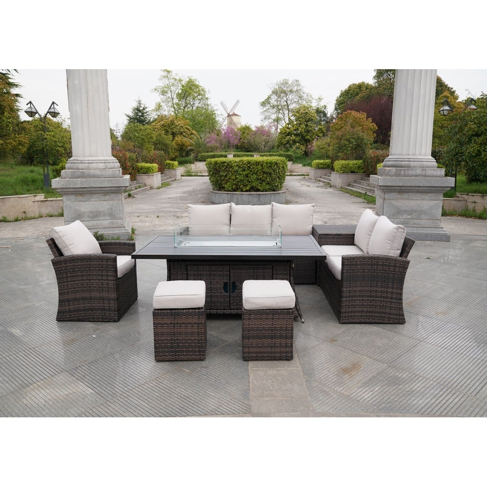 7-Piece Outdoor Sofa with Aluminium table top Fire Pit Set