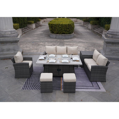 7-Piece Outdoor Sofa with Aluminium table top Fire Pit Set