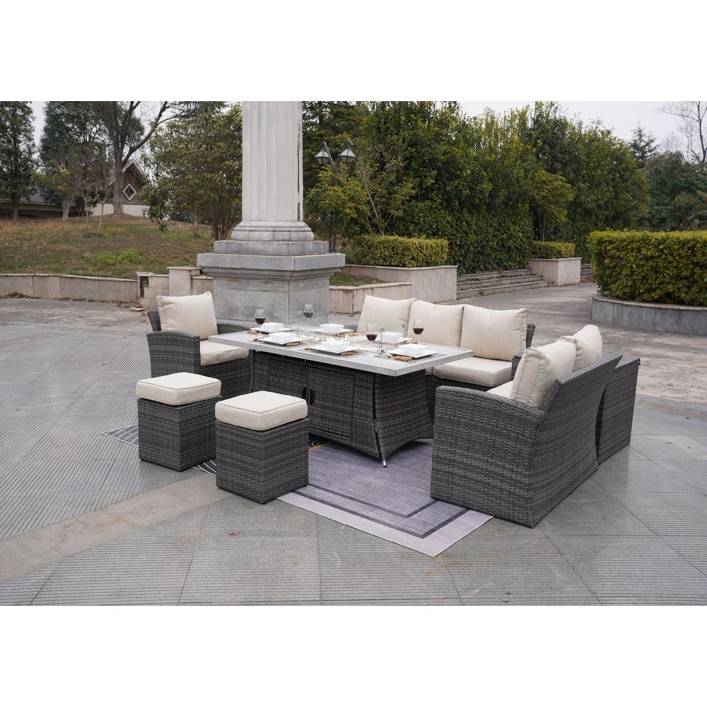 7-Piece Outdoor Sofa with Aluminium table top Fire Pit Set