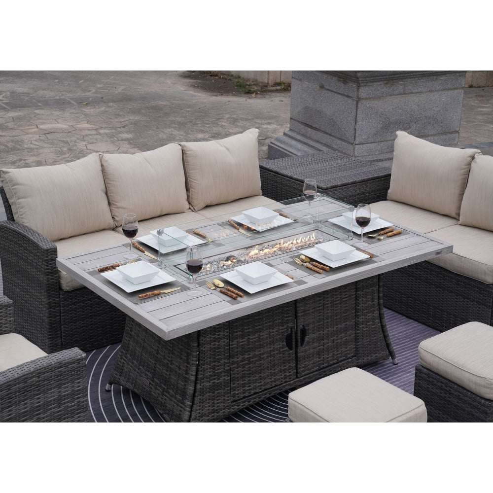 7-Piece Outdoor Sofa with Aluminium table top Fire Pit Set