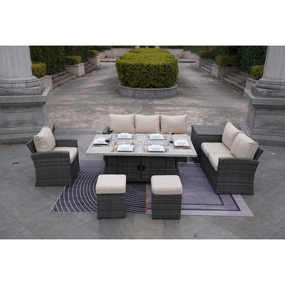 7-Piece Patio Conversational Sofa Set with Aluminium Firepit Table