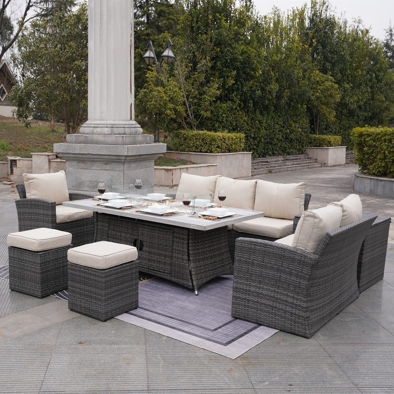 7-Piece Patio Conversational Sofa Set with Aluminium Firepit Table