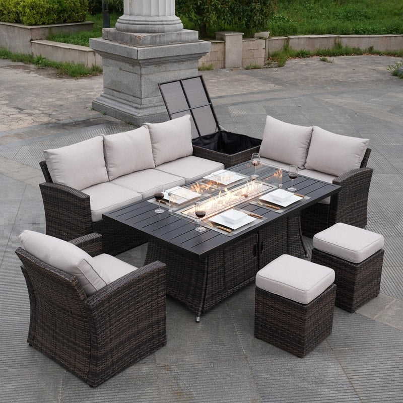 7-Piece Patio Conversational Sofa Set with Aluminium Firepit Table