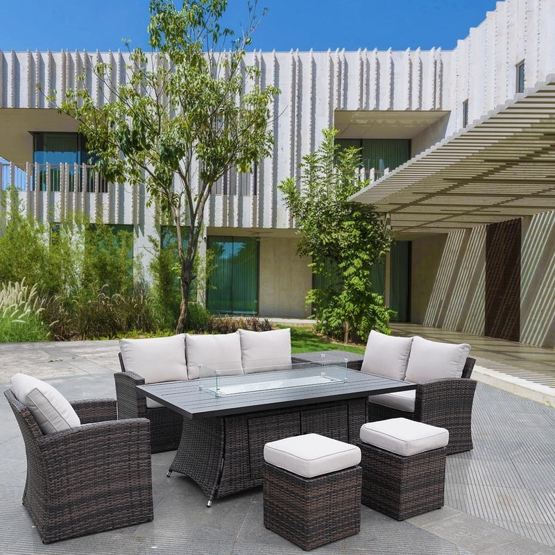 7-Piece Patio Conversational Sofa Set with Aluminium Firepit Table