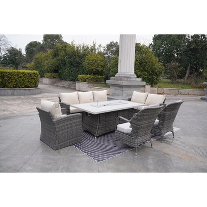 7-Piece Patio Rattan Sofa Set with Aluminum Dining Table and Armchairs