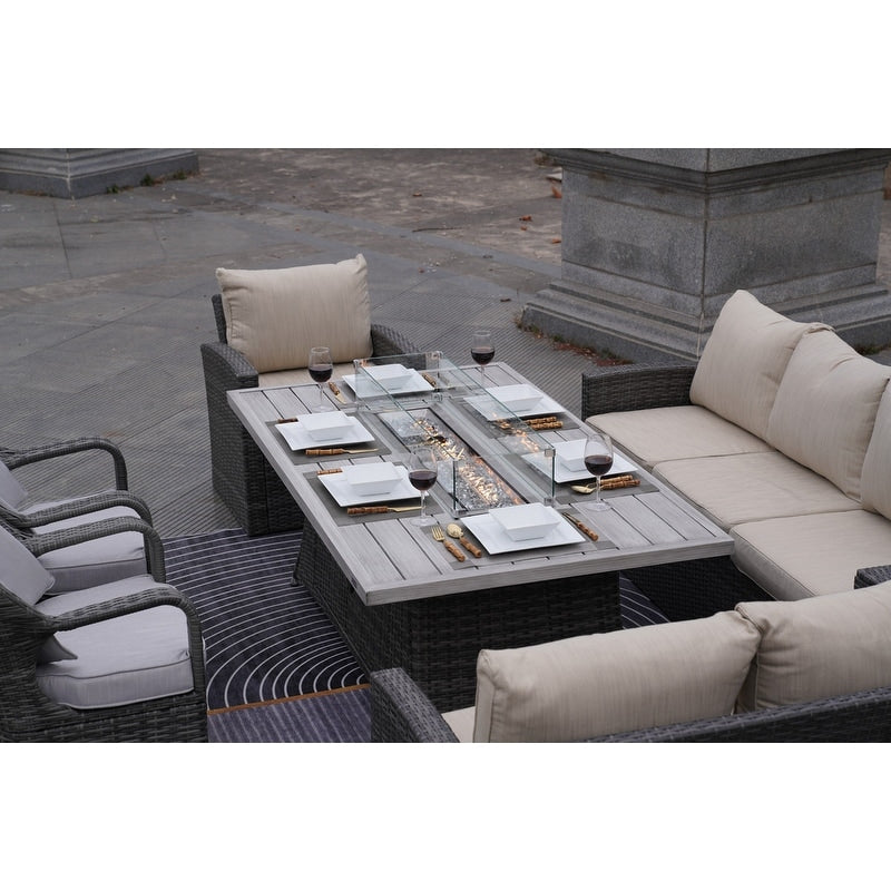 7-Piece Patio Rattan Sofa Set with Aluminum Dining Table and Armchairs
