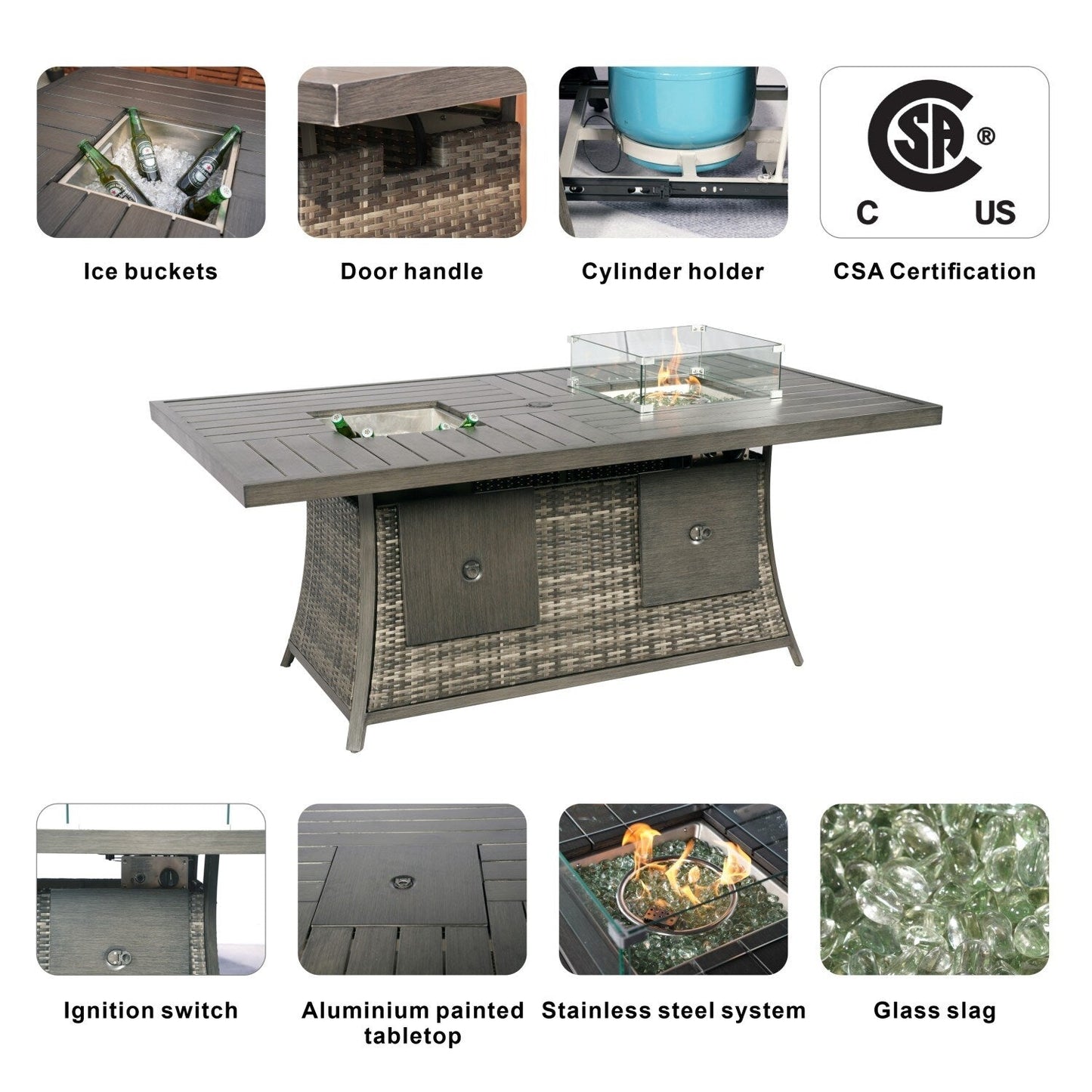 7-Piece Patio Sofa Set with Firepit and Ice Container Dining Table