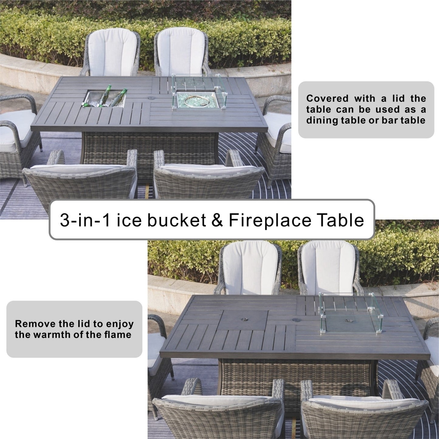 7-Piece Patio Sofa Set with Firepit and Ice Container Dining Table