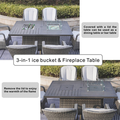 7-Piece Patio Sofa Set with Firepit and Ice Container Dining Table