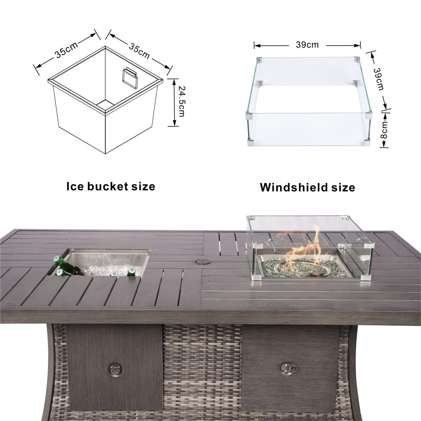 7-Piece Patio Sofa Set with Firepit and Ice Container Dining Table