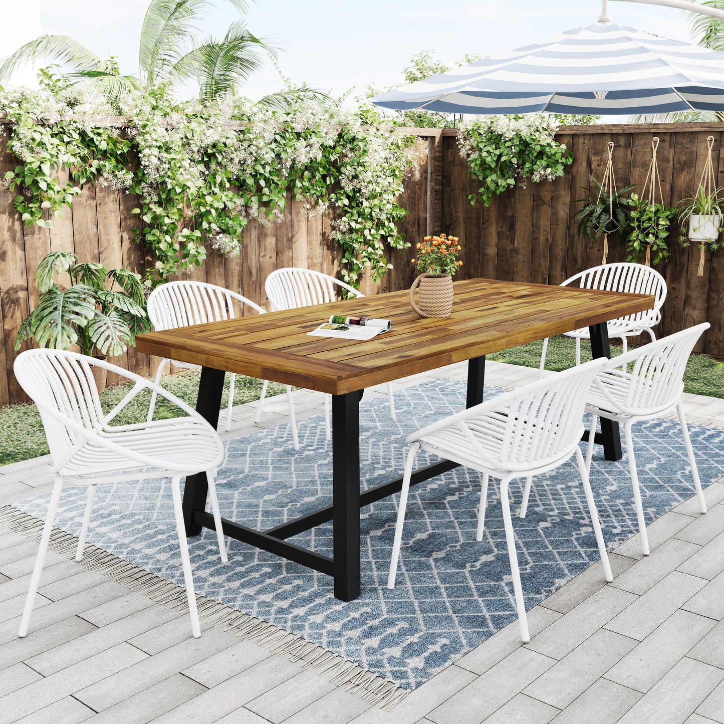 7 Pieces Outdoor Modern Dining Set with Stackable Chair, White