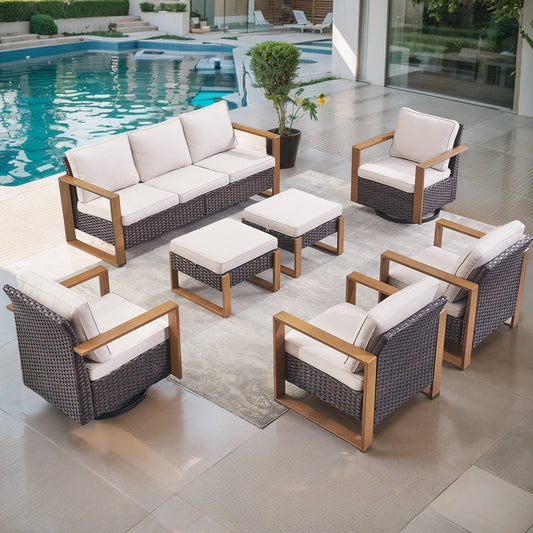 Gymojoy 7 Pieces Patio Sofa with Rattan Swivel Rocking Chair Ottomans Outdoor Conversation Set