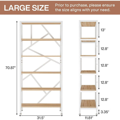 71 Industrial Bookshelf, 6 Tier Rustic Brown Wood Etagere Bookcase, Open Book Shelves