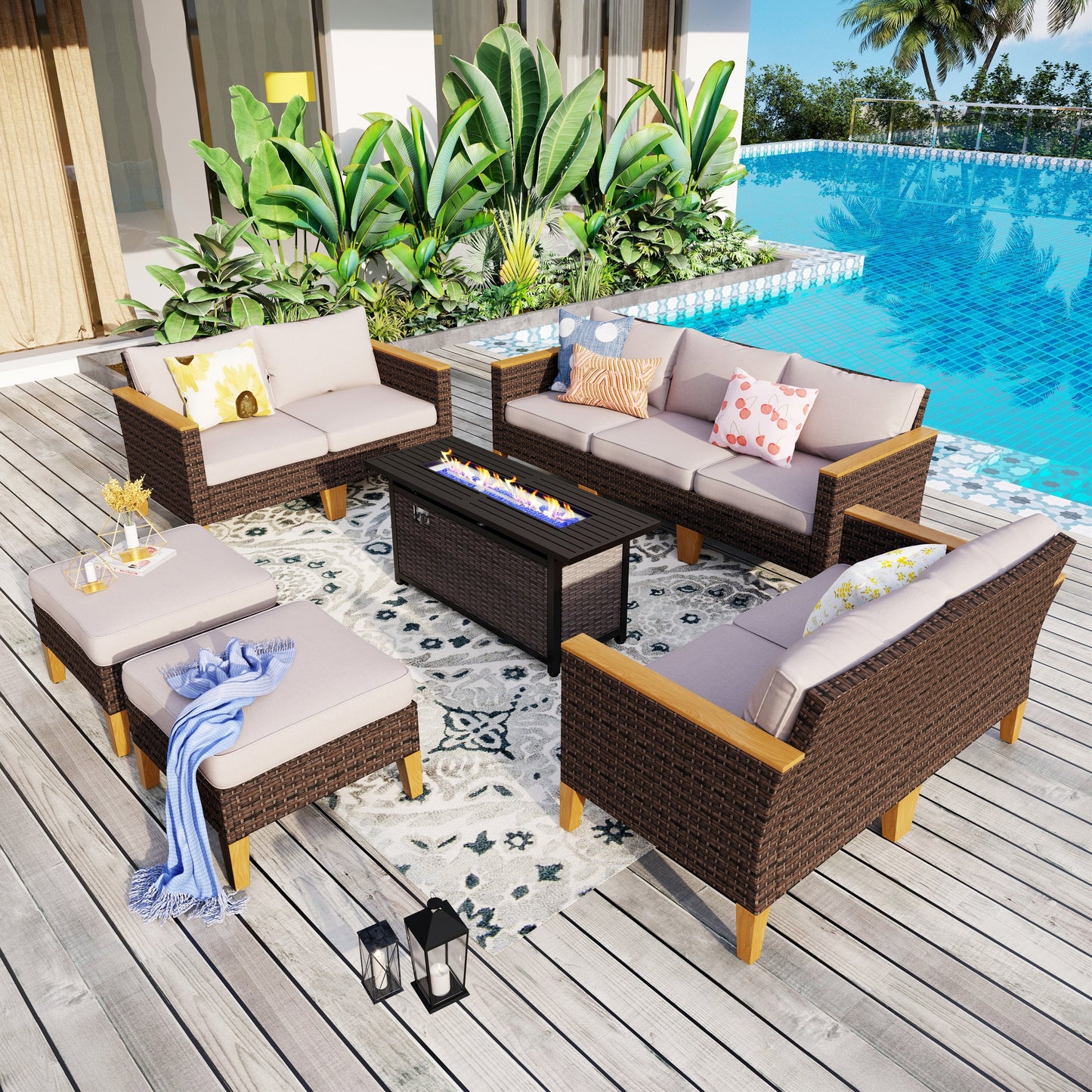 8-Piece Patio Outdoor Wicker Sectional Sofa Set, Large Seating Furniture Conversation Sets with Fire Pit Table
