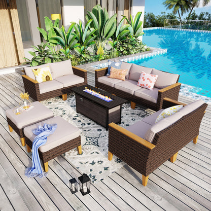 8-Piece Patio Outdoor Wicker Sectional Sofa Set, Large Seating Furniture Conversation Sets with Fire Pit Table