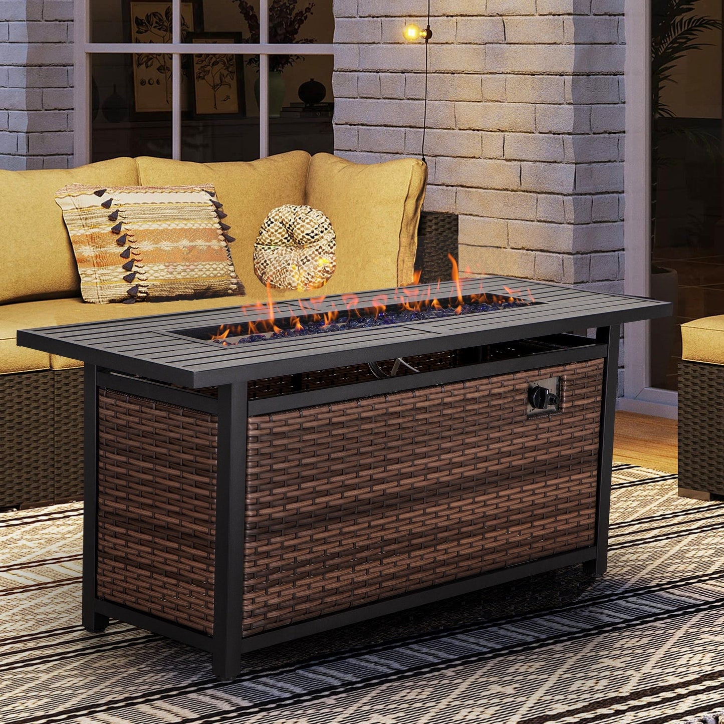 8-Piece Patio Outdoor Wicker Sectional Sofa Set, Large Seating Furniture Conversation Sets with Fire Pit Table