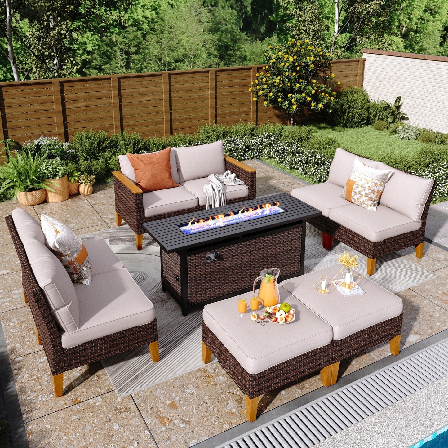 8-Piece Patio Outdoor Wicker Sectional Sofa Set, Large Seating Furniture Conversation Sets with Fire Pit Table