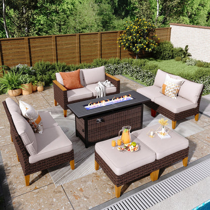 8-Piece Patio Outdoor Wicker Sectional Sofa Set, Large Seating Furniture Conversation Sets with Fire Pit Table