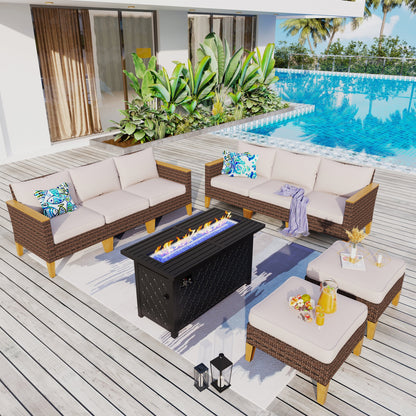 8-Piece Patio Outdoor Wicker Sectional Sofa Set, Large Seating Furniture Conversation Sets with Fire Pit Table