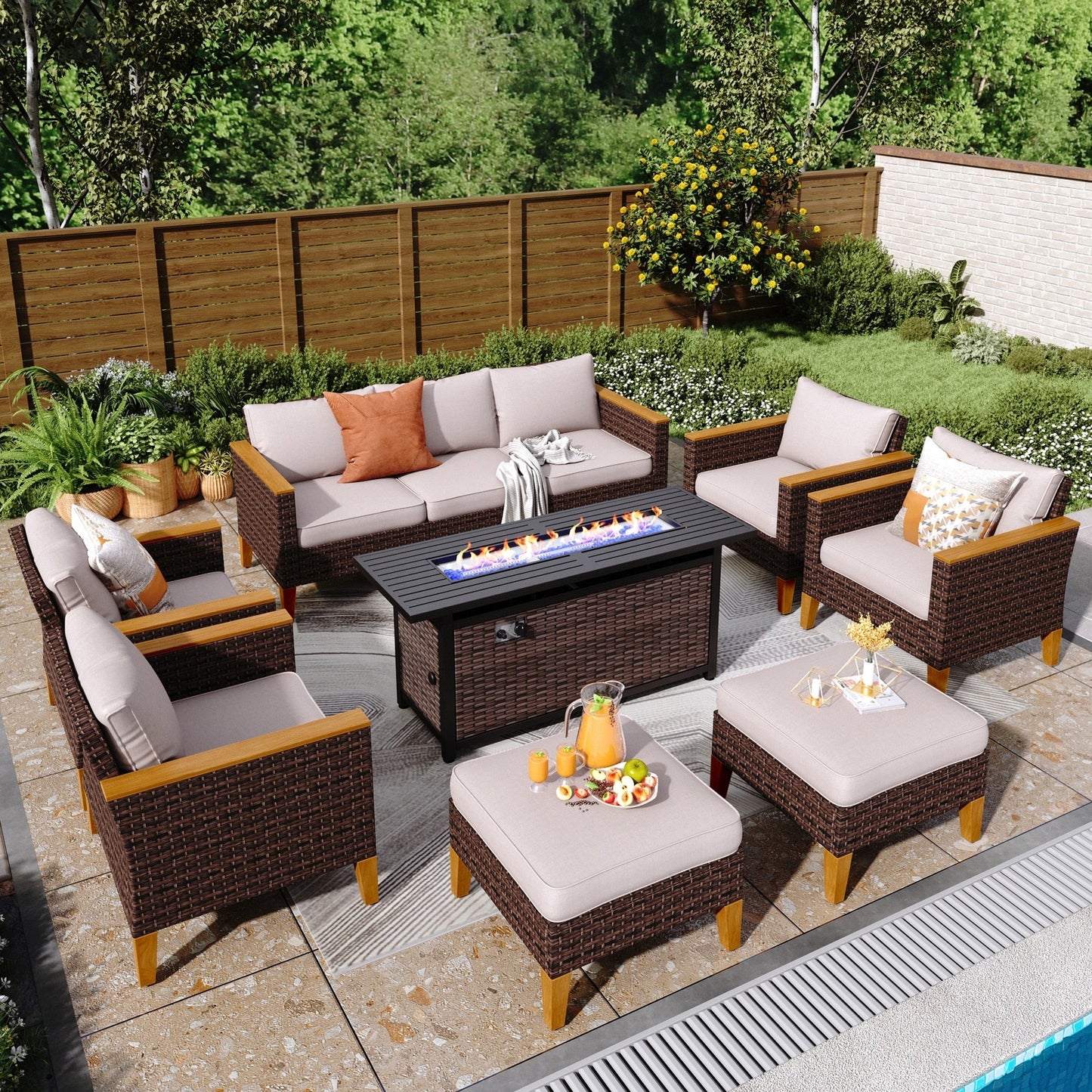 8-Piece Patio Outdoor Wicker Sectional Sofa Set, Large Seating Furniture Conversation Sets with Fire Pit Table