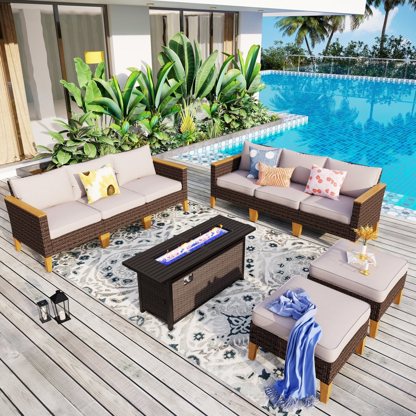 8-Piece Patio Outdoor Wicker Sectional Sofa Set, Large Seating Furniture Conversation Sets with Fire Pit Table