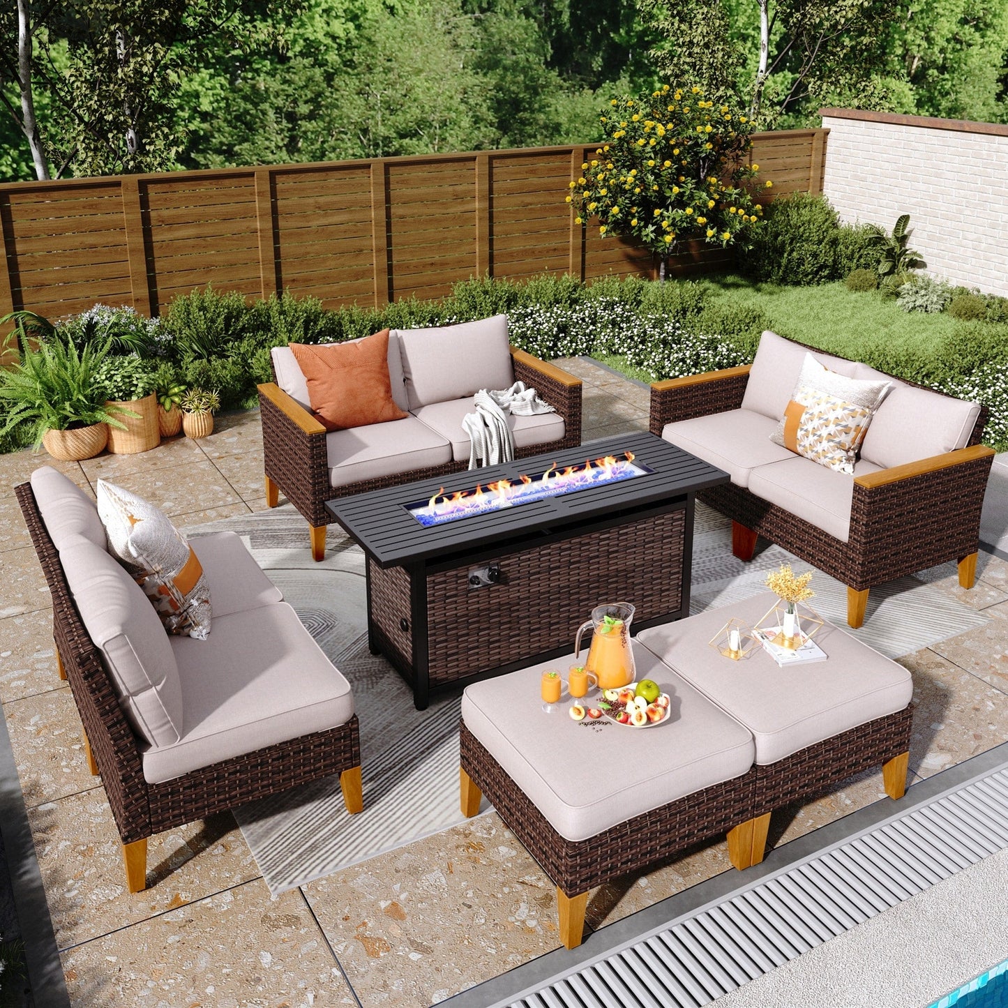 8-Piece Patio Outdoor Wicker Sectional Sofa Set, Large Seating Furniture Conversation Sets with Fire Pit Table