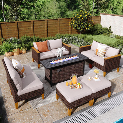 8-Piece Patio Outdoor Wicker Sectional Sofa Set, Large Seating Furniture Conversation Sets with Fire Pit Table