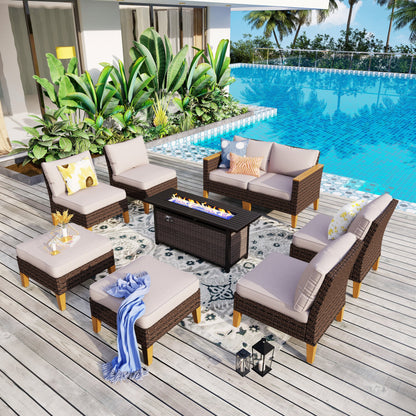 8-Piece Patio Outdoor Wicker Sectional Sofa Set, Large Seating Furniture Conversation Sets with Fire Pit Table