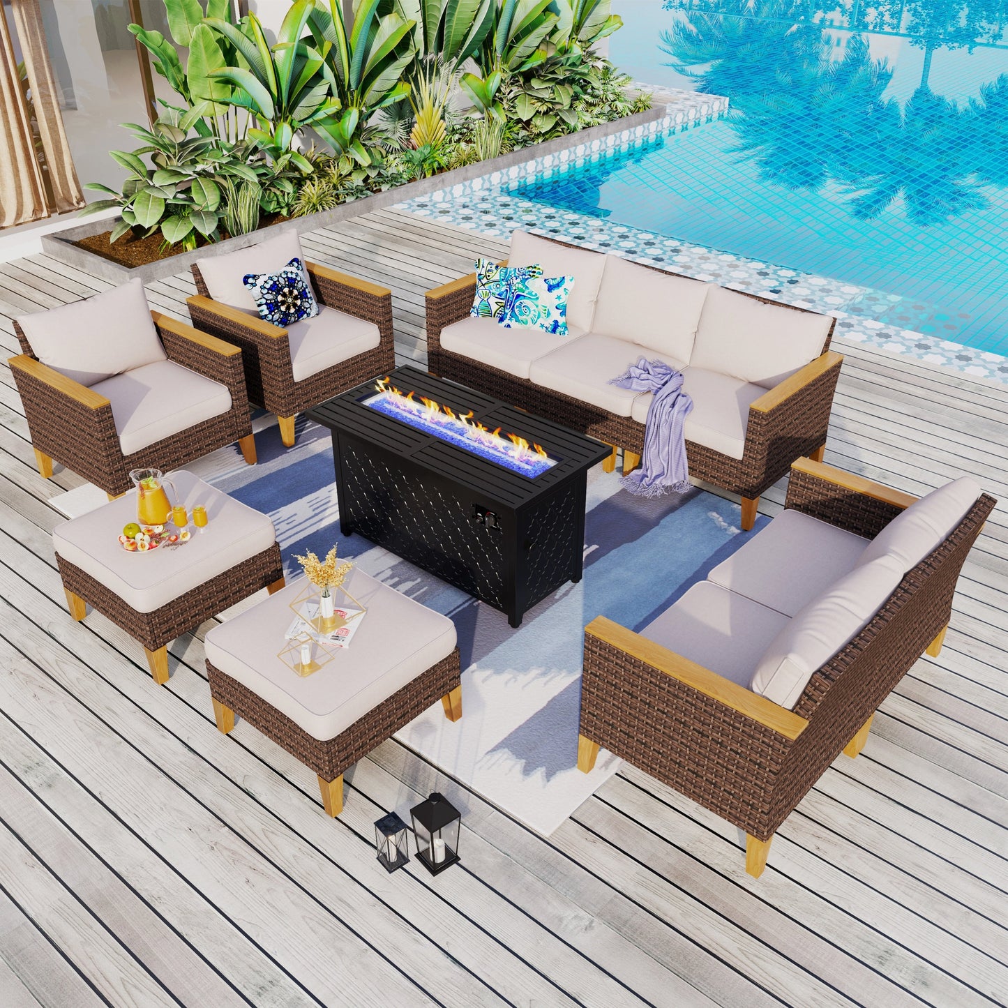 8-Piece Patio Outdoor Wicker Sectional Sofa Set, Large Seating Furniture Conversation Sets with Fire Pit Table