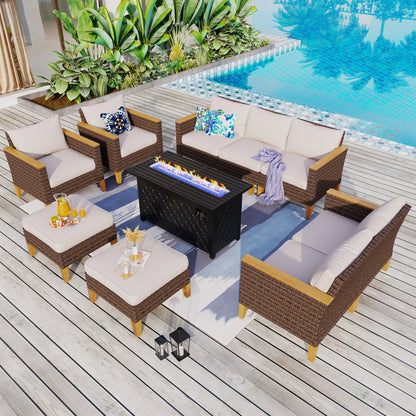 8-Piece Patio Outdoor Wicker Sectional Sofa Set, Large Seating Furniture Conversation Sets with Fire Pit Table