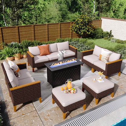 8-Piece Patio Outdoor Wicker Sectional Sofa Set, Large Seating Furniture Conversation Sets with Fire Pit Table