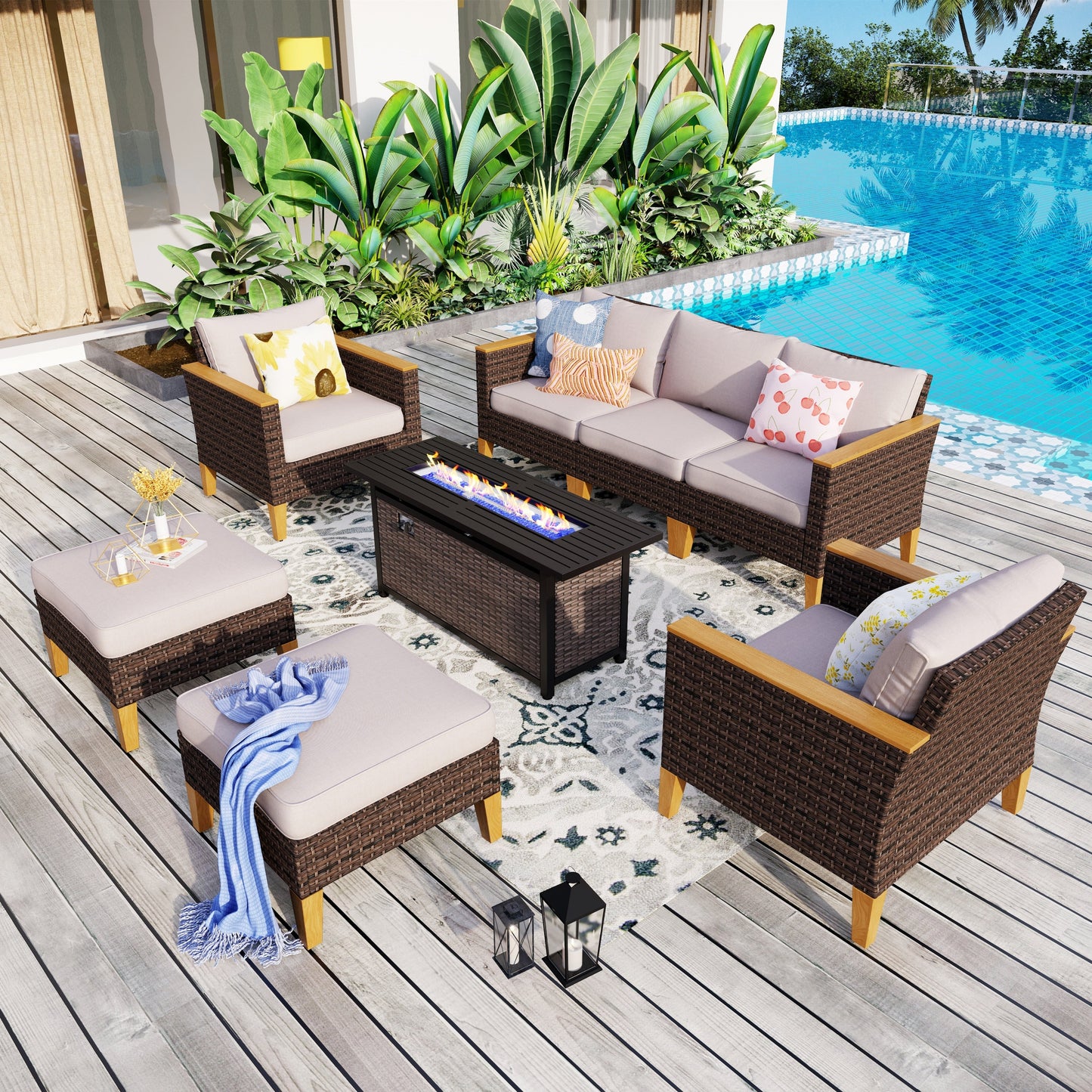 8-Piece Patio Outdoor Wicker Sectional Sofa Set, Large Seating Furniture Conversation Sets with Fire Pit Table