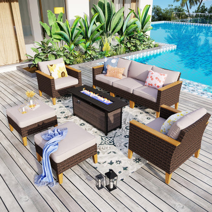 8-Piece Patio Outdoor Wicker Sectional Sofa Set, Large Seating Furniture Conversation Sets with Fire Pit Table