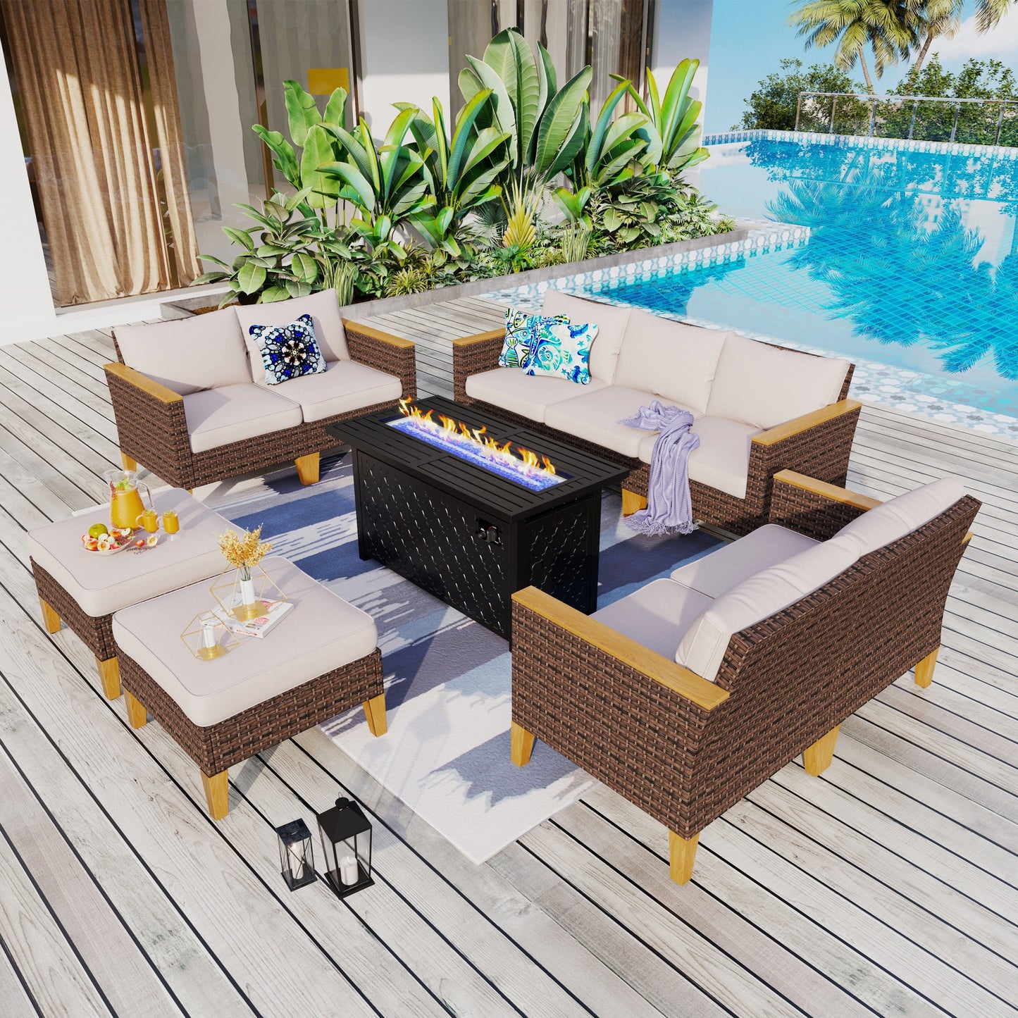 8-Piece Patio Outdoor Wicker Sectional Sofa Set, Large Seating Furniture Conversation Sets with Fire Pit Table