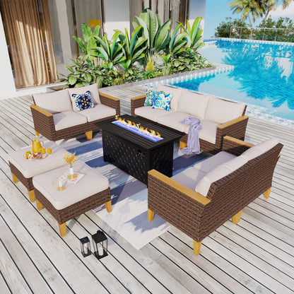 8-Piece Patio Outdoor Wicker Sectional Sofa Set, Large Seating Furniture Conversation Sets with Fire Pit Table