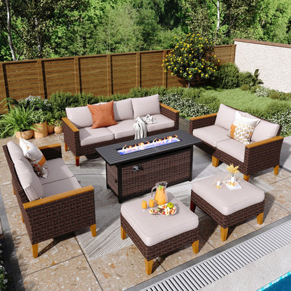 8-Piece Patio Outdoor Wicker Sectional Sofa Set, Large Seating Furniture Conversation Sets with Fire Pit Table