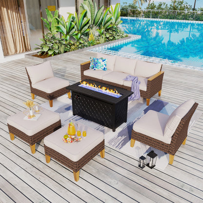 8-Piece Patio Outdoor Wicker Sectional Sofa Set, Large Seating Furniture Conversation Sets with Fire Pit Table
