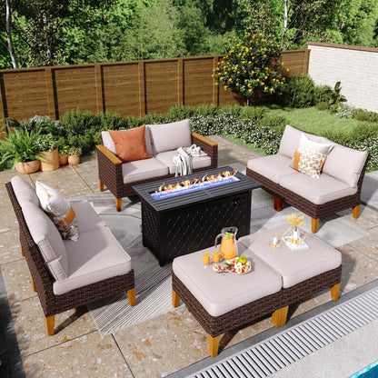 8-Piece Patio Outdoor Wicker Sectional Sofa Set, Large Seating Furniture Conversation Sets with Fire Pit Table