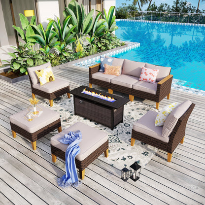 8-Piece Patio Outdoor Wicker Sectional Sofa Set, Large Seating Furniture Conversation Sets with Fire Pit Table