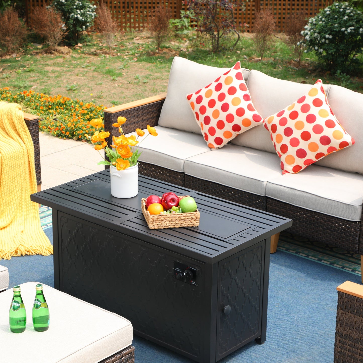 8-Piece Patio Outdoor Wicker Sectional Sofa Set, Large Seating Furniture Conversation Sets with Fire Pit Table