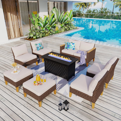 8-Piece Patio Outdoor Wicker Sectional Sofa Set, Large Seating Furniture Conversation Sets with Fire Pit Table