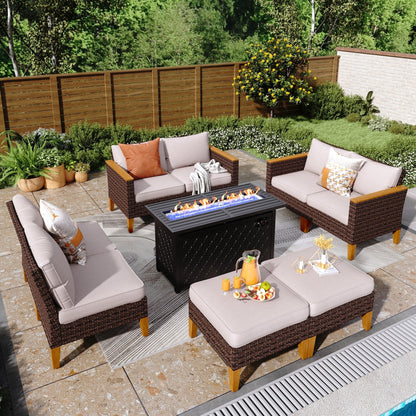 8-Piece Patio Outdoor Wicker Sectional Sofa Set, Large Seating Furniture Conversation Sets with Fire Pit Table