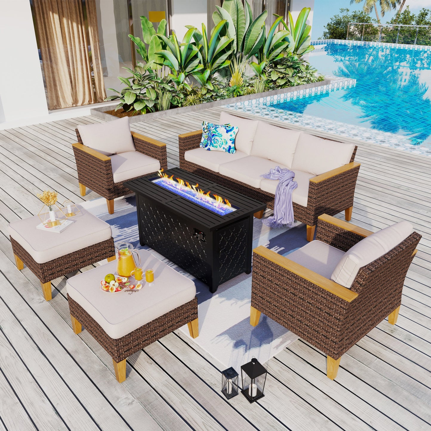 8-Piece Patio Outdoor Wicker Sectional Sofa Set, Large Seating Furniture Conversation Sets with Fire Pit Table