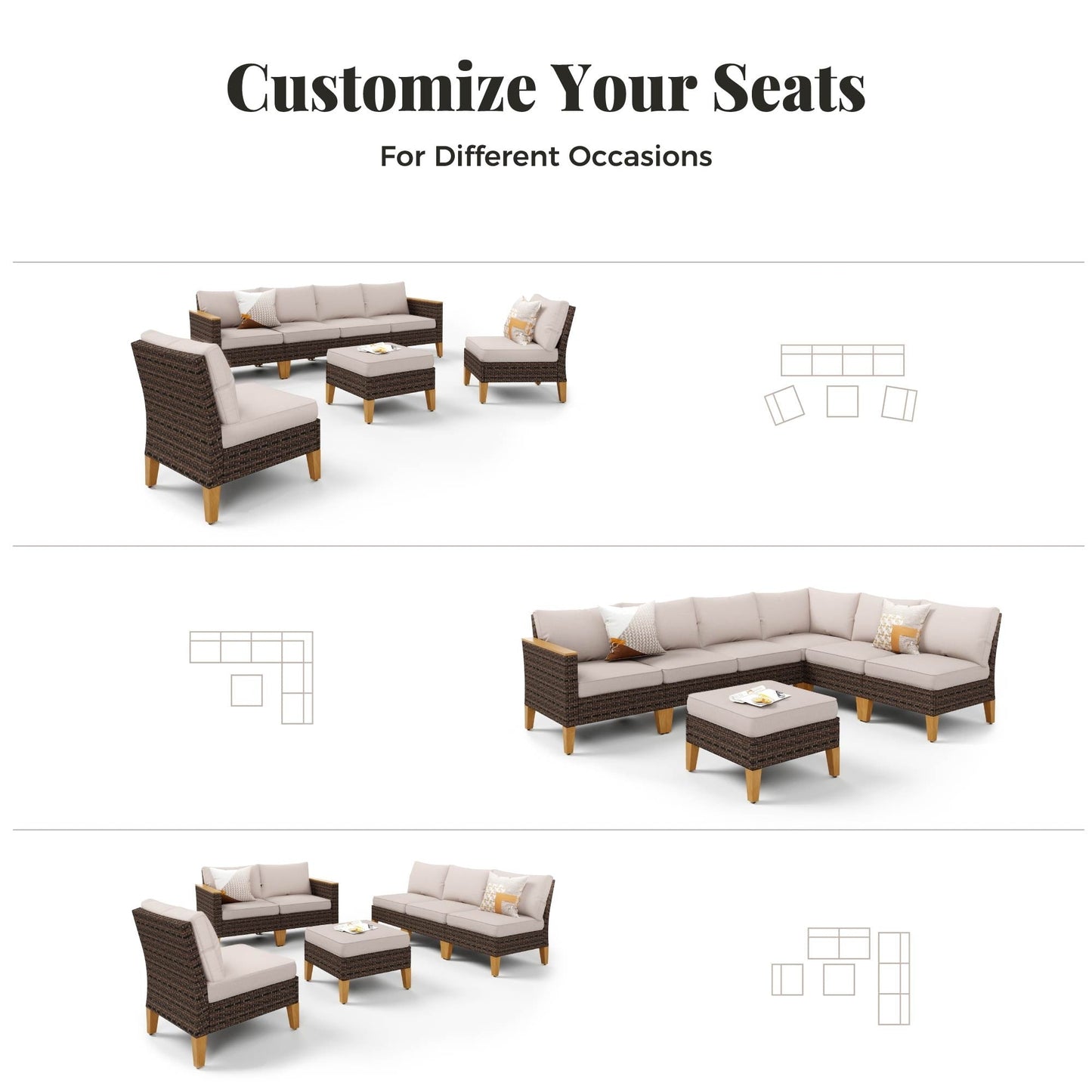 8-Piece Patio Outdoor Wicker Sectional Sofa Set, Large Seating Furniture Conversation Sets with Fire Pit Table