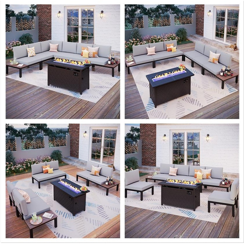 10-Seat Patio Sectional sofa set, E-coating Steel frame Conversation Sets with Built-in Side Table , Grey Cushion