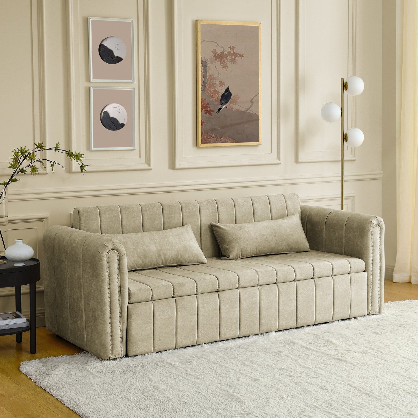 82.3'' Velvet 3 Seater Sofa with Rolled Arms, Pull-Out Queen Bed, Two Drawers and Two Pillows