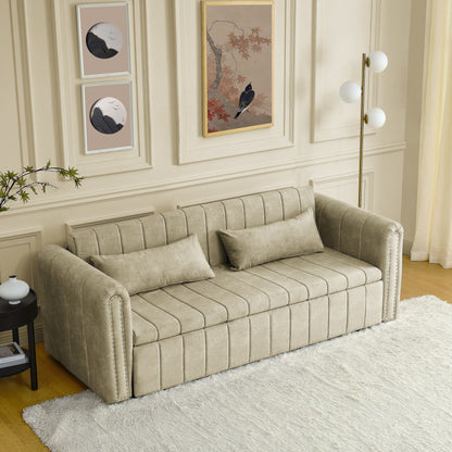 82.3'' Velvet 3 Seater Sofa with Rolled Arms, Pull-Out Queen Bed, Two Drawers and Two Pillows
